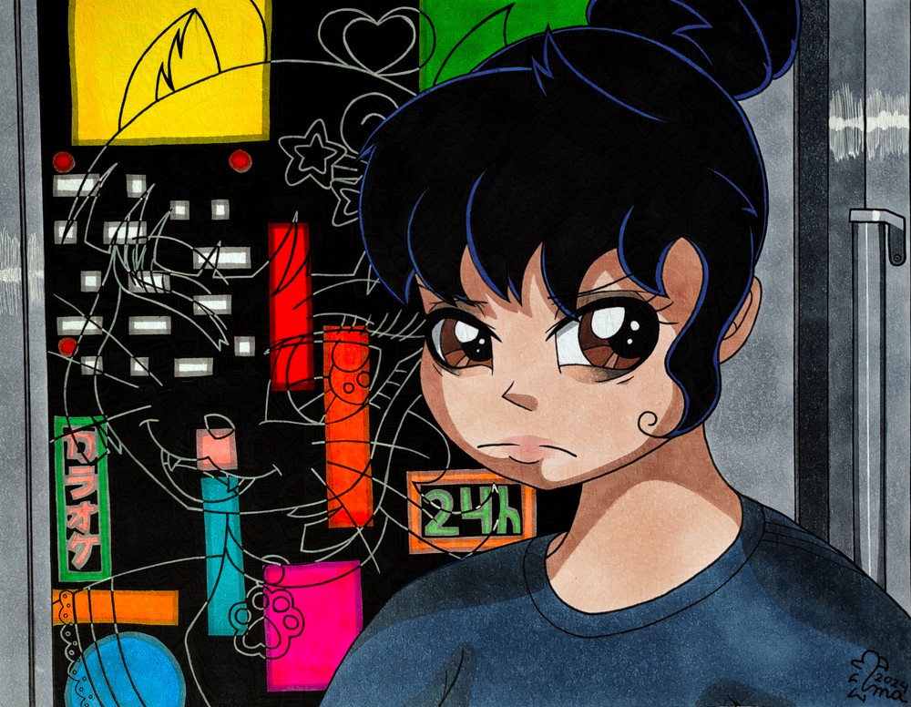A traditional media illustration of Nana sitting inside a train, next to a window. Outside the window there’s all manner of neon signs shining through the dark, and there is a faint outline of Nana’s alter ego. 