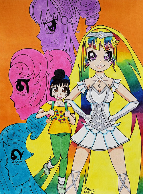 A traditional media illustration of this story’s characters rendered in marker and ink. Nana stands in front of Haruko, and there are three character faces behind Haruko: Akiko at the top, Sasha in the middle, and Yasuho at the bottom.